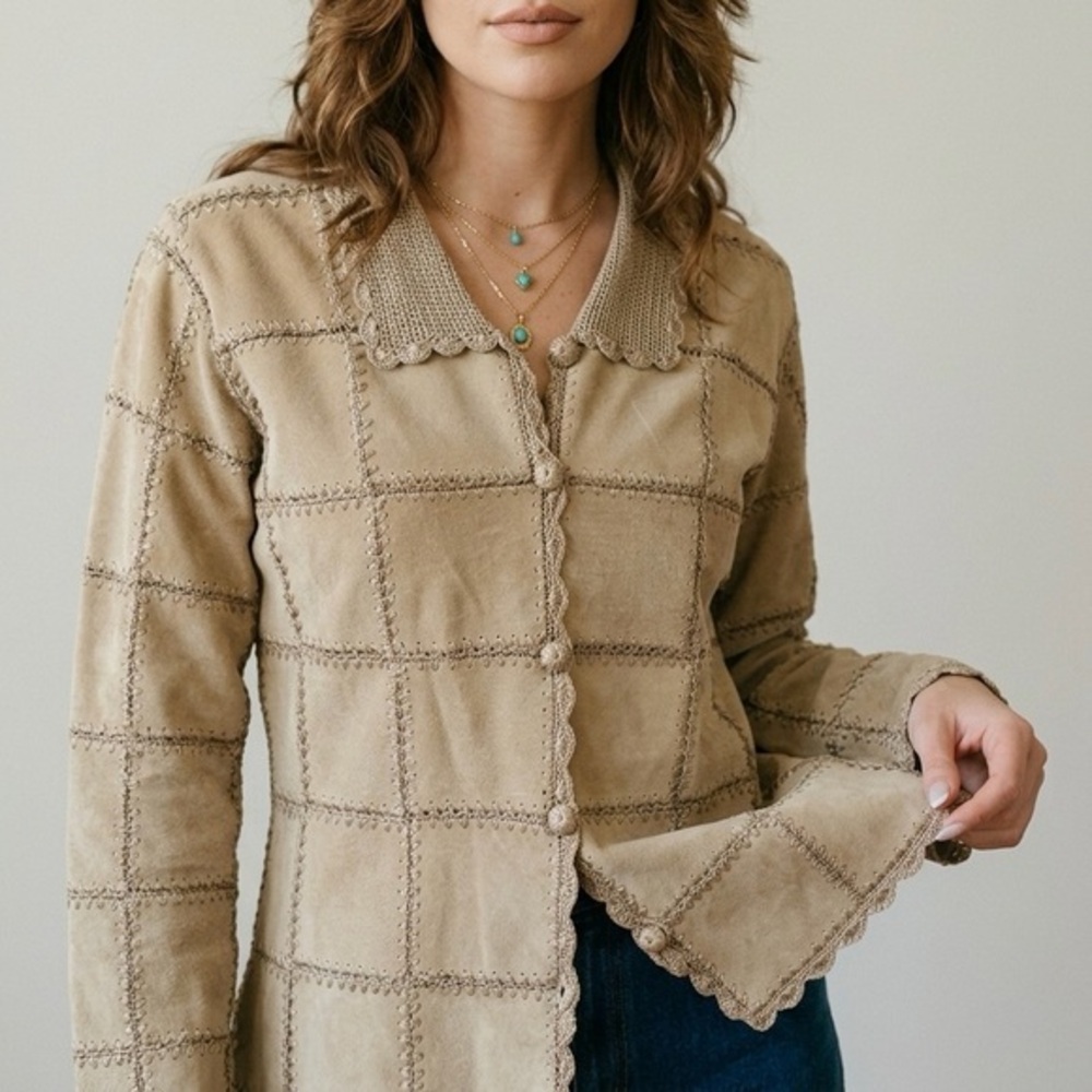 KROSHETTA‎ BY PAPILLON Vintage Suede Crochet Patchwork Jacket Tan